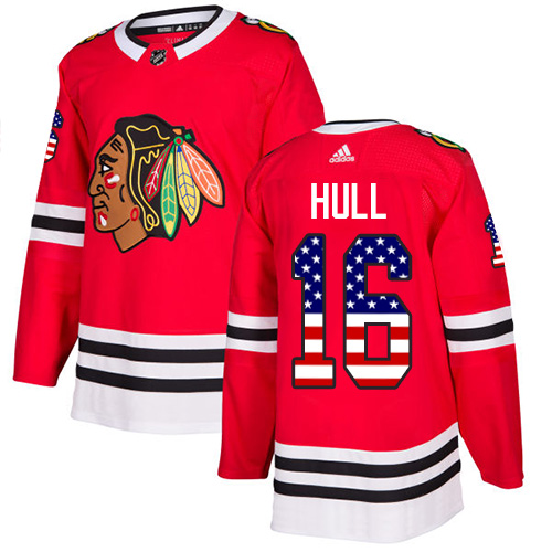 Adidas Blackhawks #16 Bobby Hull Red Home Authentic USA Flag Stitched NHL Jersey